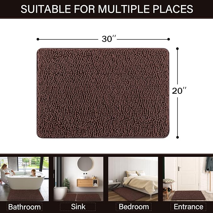 LOCHAS Luxury Bathroom Rug Shaggy Bath Mat 20 x 30 Inch, Brown | Washable Non Slip Bath Rugs for Bathroom Shower, Soft Plush Chenille Absorbent Carpets