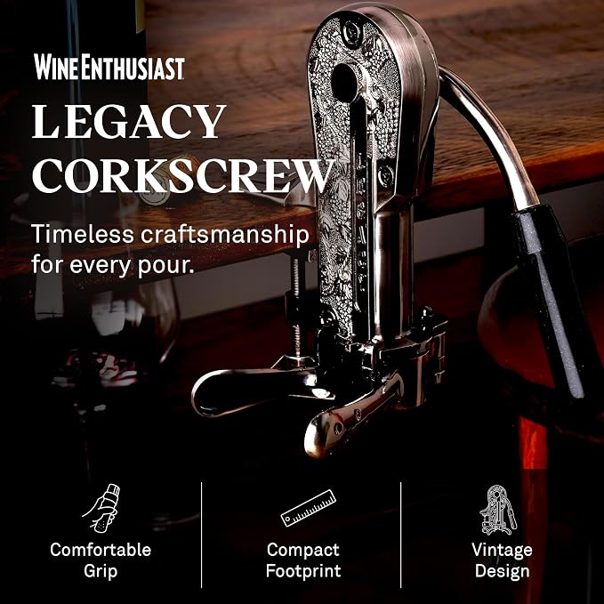 Wine Enthusiast Legacy Corkscrew – Durable Wine Opener with Black Marble Handle & Solid Metal Construction - Long Lasting Cork Removal with Tabletop Mount (Pewter)