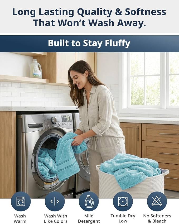 LANE LINEN Bathroom Towel Set 12 Piece Soft Absorbent Quick Dry - Blue | Pack Of Towels - Coordinated Colors, Dobby Border Accent, OEKO-TEX Certified, Zero-Twist Durability, Zero-Twist Cotton