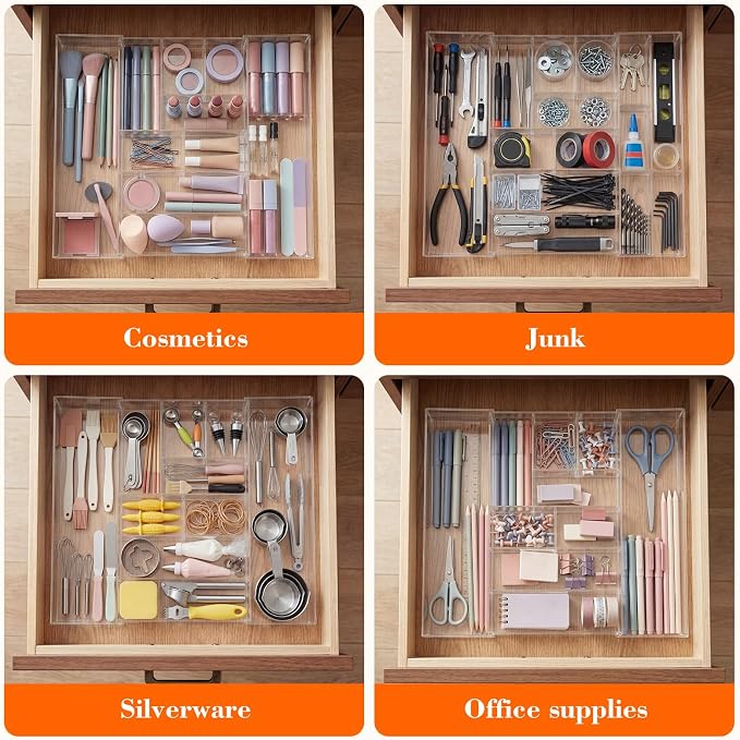 Briwooody 1 Pcs Acrylic Desk Drawer Organizer 9'' up to 17'' x 15'' x 2.1'' Expandable Drawer Organizer Trays with 9 Adjustable Compartments Clear Desk Accessories for Makeup Office Bathroom