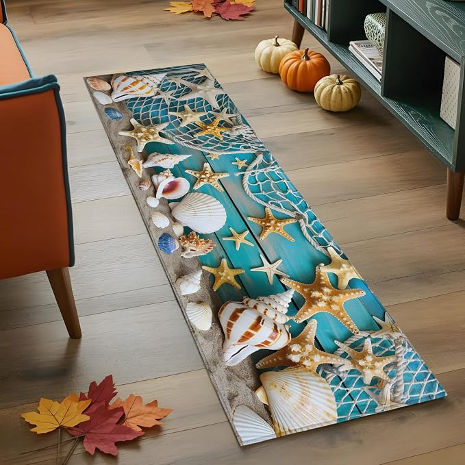 Kitchen Runner Rug 2 x 6 Ft, Beach Starfish Laundry Room Rugs Indoor Non Slip Washable, Ocean Conch Fishing Net Blue Wood Grain Decorative Carpet Long Mat for Sink/Hallway/Living Room
