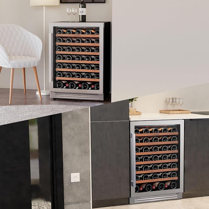 Ca'Lefort 24 Inch Wine Fridge, 61 Bottle Wine Cooler Refrigerator, 40-65°F Wine Refrigerator Glass Door, 3 LED Wine Fridge, Built-in or Freestanding Fridge for Home/Bar/Kitchen (5.65 cu.ft)