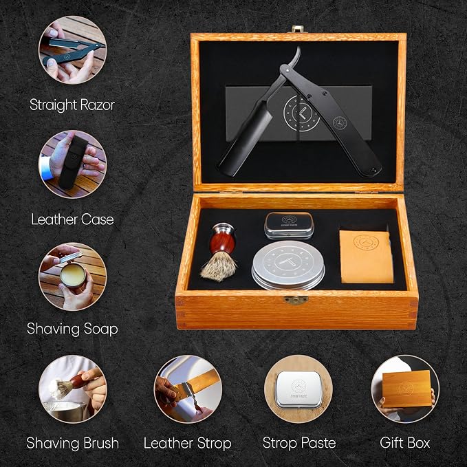 Naked Armor Lancelot Straight Razor Kit, Black Japanese Stainless Steel Set | 7-Pc Shave Ready Wet Shaving Kit, 7/8" Barber Straight Edge Razor Set, Strop, Paste, Brush, Soap, Sheath, Box, Gifts for Men