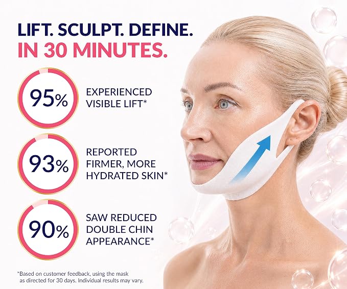 STYLIA V Line Lifting Collagen Face Mask - Lift, Firm & Contour Jawline - Double Chin Strap with Hyaluronic Acid & Aloe Vera - Hydrating Neck & Face Tightening Mask - Chin Strap for Sleeping - 20PC