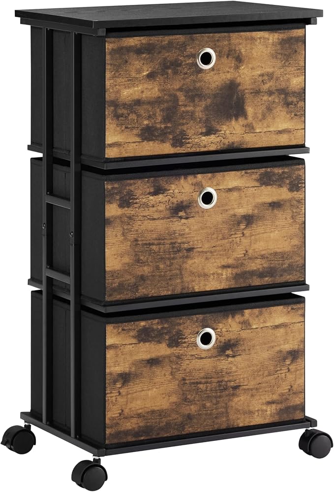 MAX Houser Dresser Storage with 3 Drawers, Fabric Tower Nightstand, Chest of Drawers,Vertical Storage Unit Organizer for Closets,Bedroom,Dorm, Wood Top, Rustic Brown Wood Grain Print