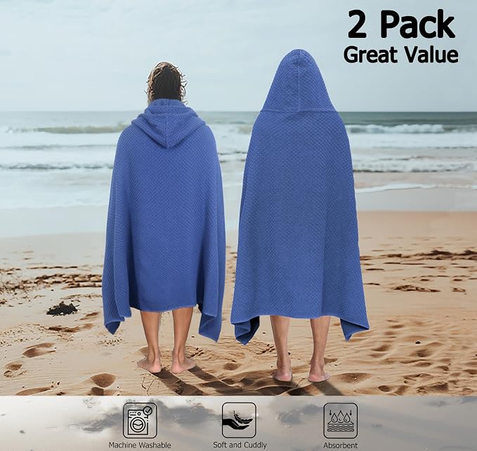 COTTON CRAFT Hooded Bath Towel for Adults – 2 Pack 100% Cotton Bath Sheet | Waffle Weave Oversized 35x70 inch Ringspun Terry Bath Wrap with a hood - Soft Super Absorbent Quick Dry – 450 GSM – Navy