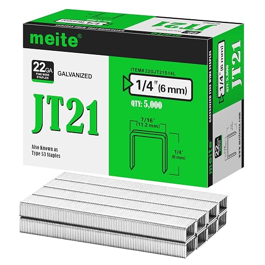 meite JT21 Staples, 1/4 Inch Galvanized Fine Wire Staples for Staple Gun - 5,000 Counts, 7/16" Crown JT21 Staple Refill, Ideal for Upholstery, Crafts, Furniture