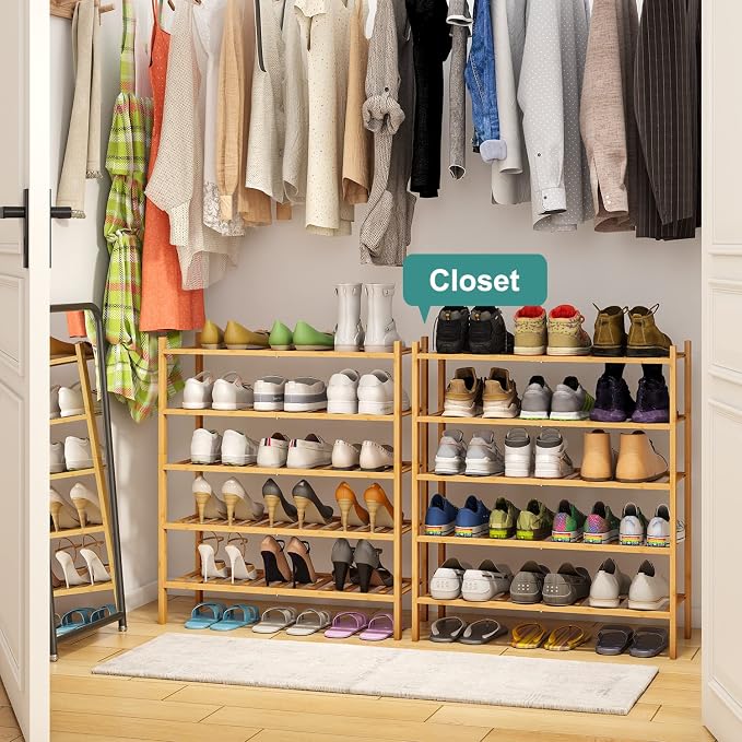 viewcare 5-Tier Bamboo Shoe Rack for Entryway, Stackable | Foldable | Natural, Shoe Organizer for Hallway Closet, Standing Shoe Racks for Indoor Outdoor