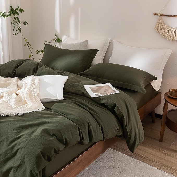 Linen Feel Duvet Cover Super King Plus Size 120inch x 120inch,100% Washed Cotton Duvet Cover with Zipper Closure and 2 Pillowcases, Color of Olive Green