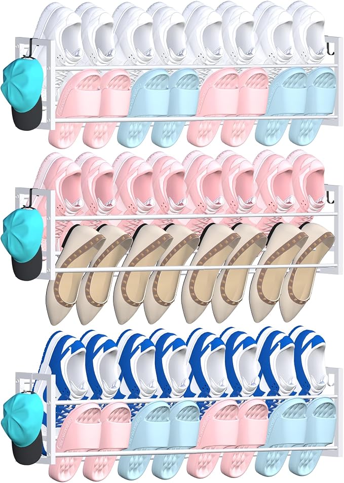 3 Pack Wall Mounted Shoe Rack for Narrow Spaces, Hanging Shoe Rack Holds 24 Pairs, 17"-30"Adjustable Heavy Duty Wall Shoe Storage with 6 Storage Hooks, Space Saving for Closet Entryway Door, White