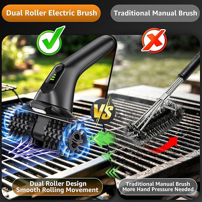 Dual Roller Electric Grill Brush, 22.5kg High Torque BBQ Grill Cleaner with Stainless Steel Bristles, 2-Speed Rechargeable Power Brush for Deep Outdoor Grill Cleaning, IPX5 Waterproof