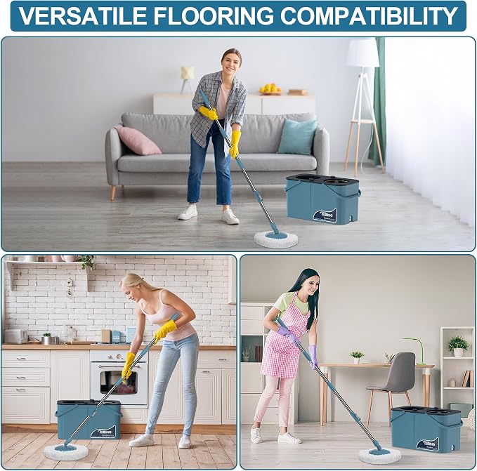 Gen 1 Large-Capacity Spin Mop and Bucket – for Big Homes & Deep Cleaning Days,4-Chamber System Separates Dirty & Clean Water, 2-GAL Heavy-Duty Design with Wheels & 8 Refill Mop Heads - Blue/Grey