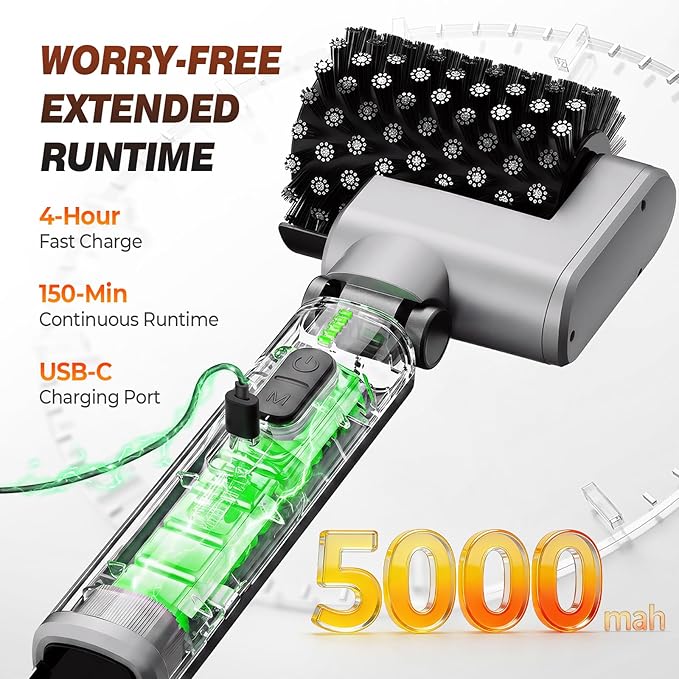 Electric Grill Brush for Outdoor Grill, 3-Speed Rotating Electric BBQ Grill Brush, 5000mAh Rechargeable Battery, 304 Stainless Steel Grill Cleaning Brush with Powerful Burnt Food Removal