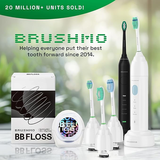 Brushmo E-Series Electric Sonic Toothbrush - Rechargeable Screw-On Electronic Tooth Brush for Adults with 3 Modes, Travel Case & Timer IPX7 Waterproof, 30 Days Lasting & Wireless Charging Base, White