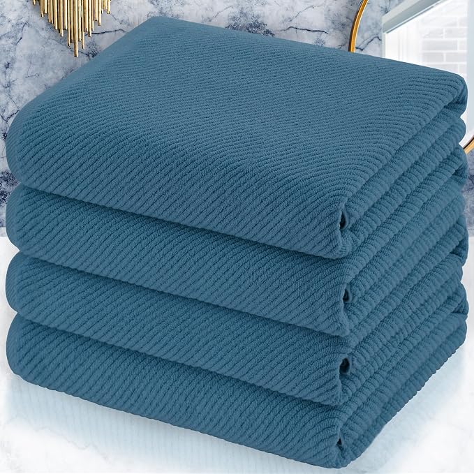 VOOVA & MOVAS Bath Towels 4PC, 100% Cotton, 30x56 in, Denim Blue | Thick, Soft, Absorbent, Quick Dry, Luxury Bathroom Essentials, Great For Daily Shower, Face Care, Gym