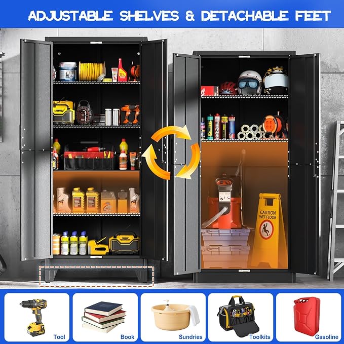 GAIOUS Tall Metal Pantry Storage Cabinet with Lock, File Cabinet Black | 2 Doors Freestanding Steel Bookcase with Adjustable Shelves, Heavy Duty Lockable Office Cabinet, Garage Utility Organizer
