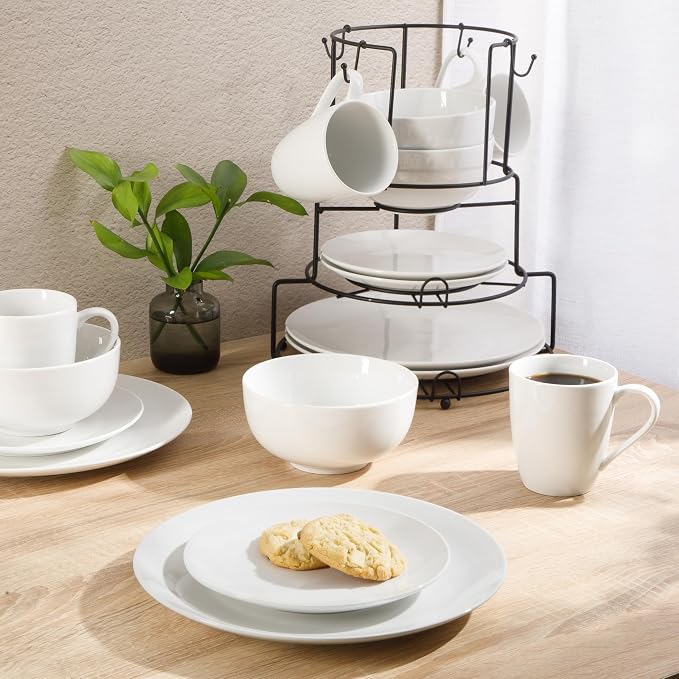 Gibson Home Summit View 17-Piece Porcelain Plates and Bowls Set W/Metal Rack - Plates, Bowls & Mugs Dinnerware Set for 4 - White