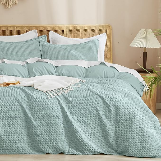 PHF Waffle Weave Duvet Cover Set Queen Size, No Snagging Ultra Soft Luxury Textured Breathable Comforter Cover for All Season 3pcs, Durable Bedding Duvet Set with 2 Pillow Shams, 90"x90",Aqua