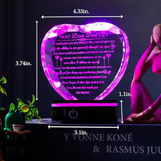 Arikyrist Dad Gifts with Colorful LED Base Meaningful Dad Birthday Gift from Daughter Son Crystal Heart to My Daddy Plaque Present for Father Who Wants Nothing on Fathers Day