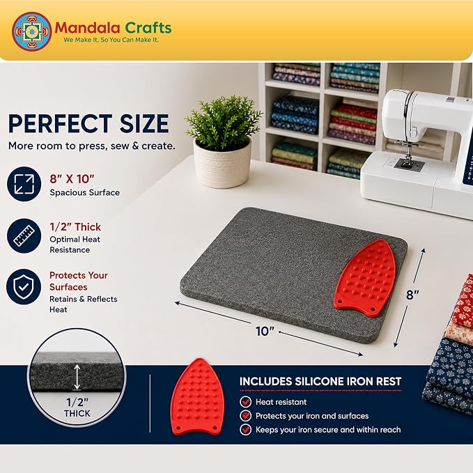 Mandala Crafts 8 × 10 Inch 100% New Zealand Wool Pressing Mat Ironing Pad | Portable, Thick, with Iron Rest, Heat Resistant, Thick, Board Alternative, for Sewing, Quilting, Embroidery, Any Surface