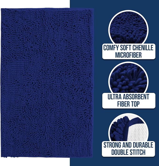 Muddy Mat® | Chenille Bathroom Rugs Quick Dry Microfiber Mats Non Slip Washable, Extra Thick, Soft and Highly Absorbent Bath Mats for Bathroom, Kitchen, and Shower Floor - Navy Blue 24"x59"