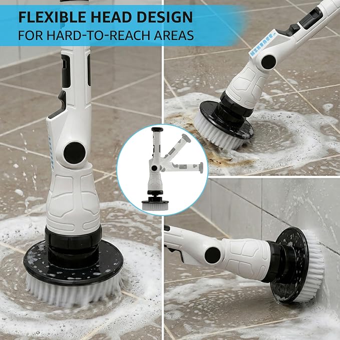 Electric Spin Scrubber, 3-Speed Adjustable Head Shower Bathroom Scrubber | 8 Replaceable Heads, 54" Extendable Long Handle, IPX6 Waterproof, Shower Cleaner Brush, Cordless for Tub Grout Tile Floor Car