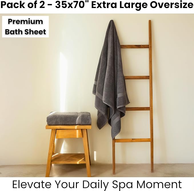 SALBAKOS 2-Piece 100% Turkish Cotton Bath Towels, Extra-Large 35x70, Gray | Oversized Bath Sheet Towel for Bathroom & Beach, Thick, Super Soft, Highly Absorbent, Premium Hotel Quality, Made in Turkey