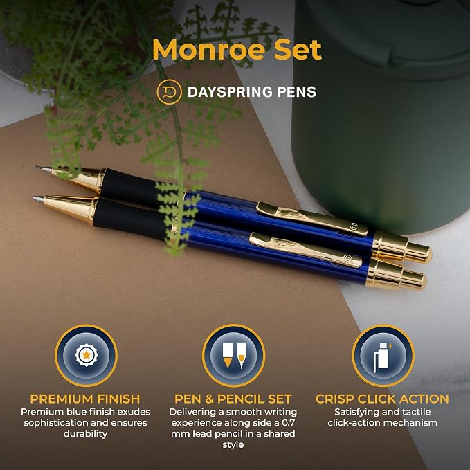 Dayspring Pens Monroe Blue Ballpoint Pen and Pencil Set, Gold Accents, Custom Engraved — Graduation, Promotion, Anniversary, or New Job Gift