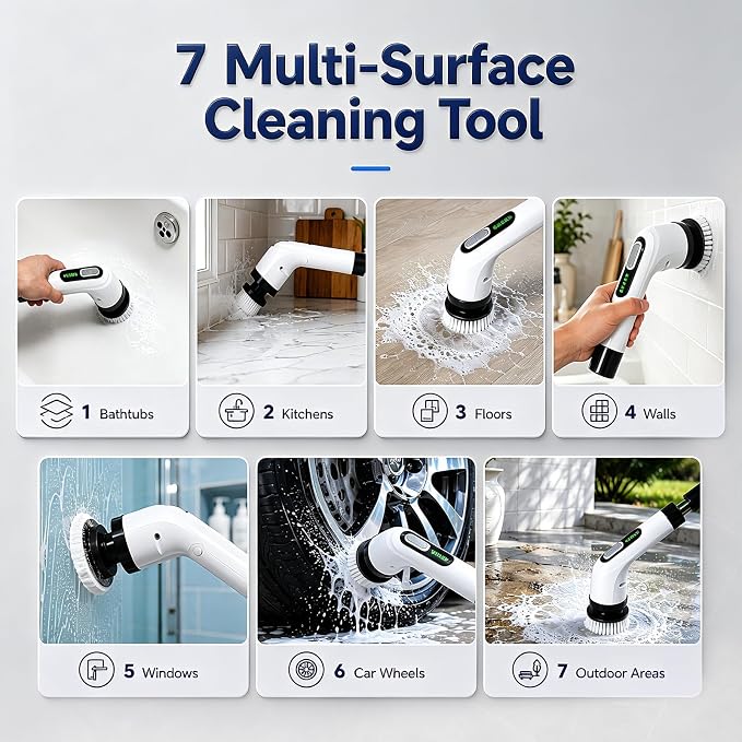 Highyes Electric Spin Scrubber for Bathroom, IPX7 Waterproof Shower Scrubber with Extendable Long Handle, Bathroom Cleaning Scrubber with 7 Reusable Brush Heads