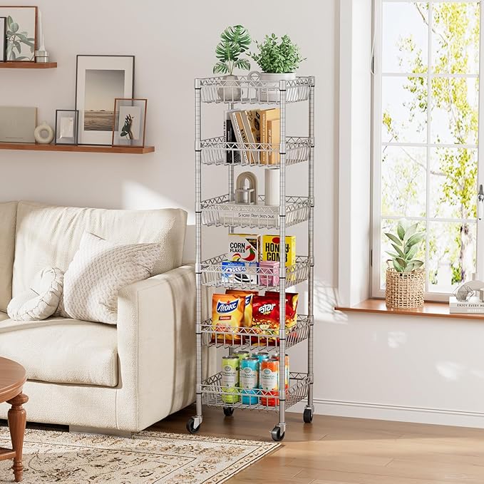 Golpart 6 Shelves Storage Shelf Wire Closet Bathroom Organizers Metal Pantry Kitchen Garage Shelving Unit Laundry Room Organization Home Rack Net Basket Silver with Wheels 14" Dx14 Wx64.8 H