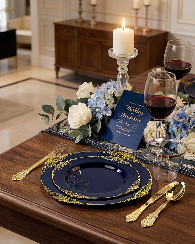 Nervure 350Pcs Blue Plastic Plates - Blue Gold Plastic Dinnerware Sets for 50 Guests - 100 Navy Gold Disposable Plates, 50 Pre Rolled Silverware, 50 Cups Perfect for Wedding & Party & Memorial Day