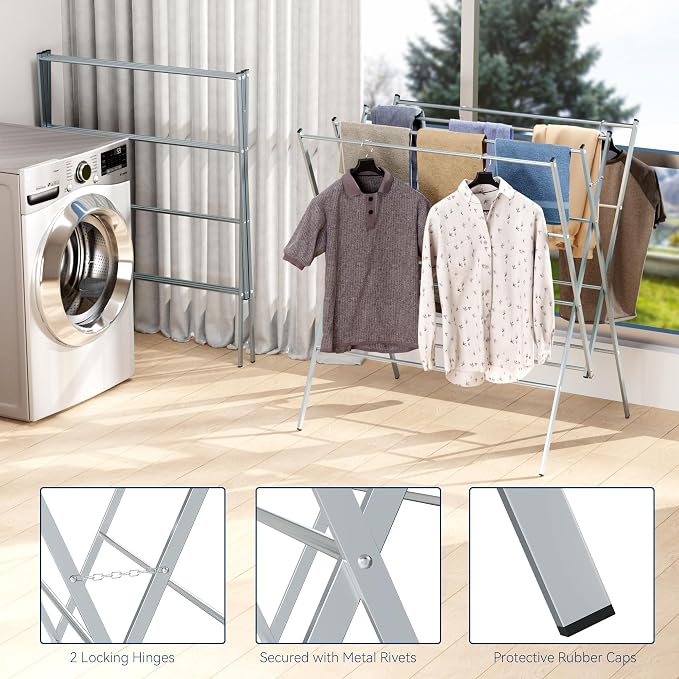 Whitmor Drying Rack Clothing, Foldable Clothes Drying Rack for Laundry, 12 Metal Bars for Hanging Clothes, Indoor & Outdoor Use, 36.2" D x 30.3" W x 40.5" H, Silver