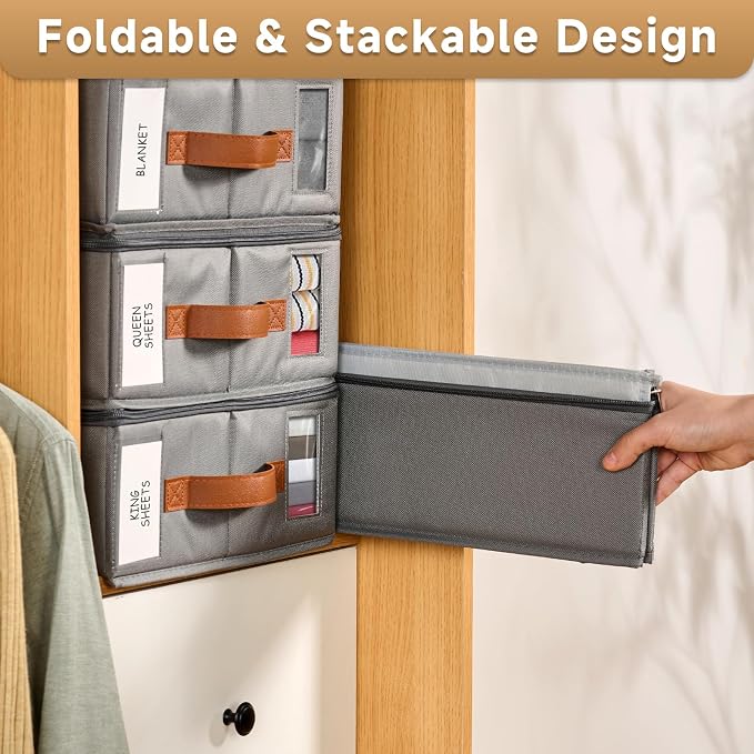 6pack Bed Sheet Organizer, Foldable Linen Closet Organizers and Storage with Sealed Design, Queen & King Size Sheet Storage with Window, Closet Organizer for Bedsheets/Blankets/Clothes, Grey