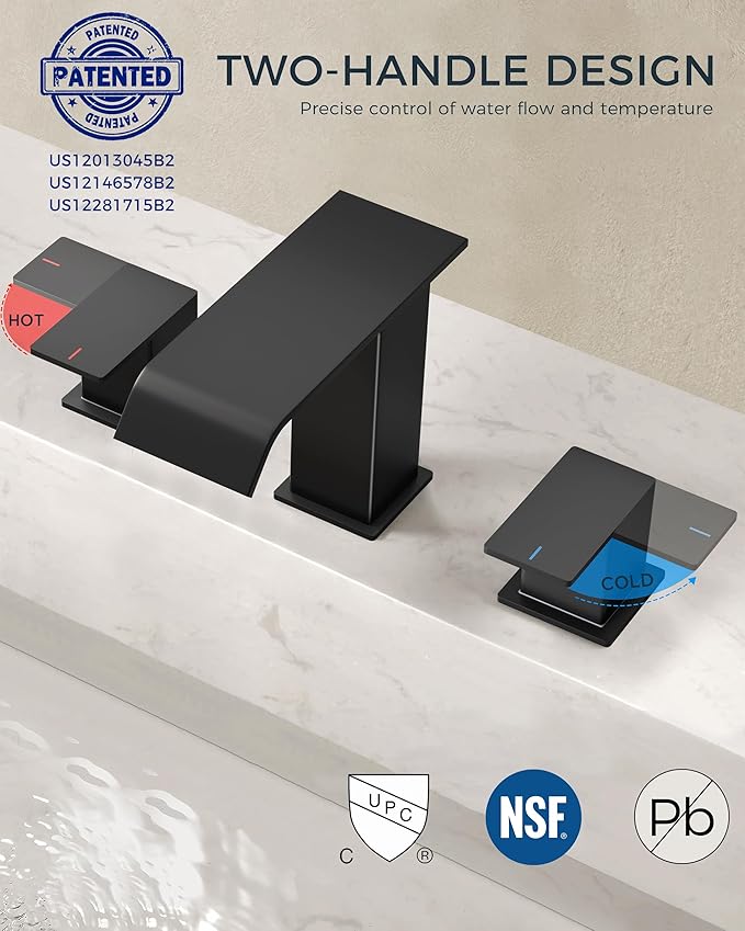 FORIOUS Bathroom Faucets 3 Hole, Matte Black 8 Inch Widespread Bathroom Sink Faucet Waterfall Spout, with Pop Up Drain and Water Supply, Suitable for Vanity Rv Commercial Lavatory Restroom