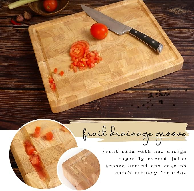 End Grain Cutting Board, Extra Large & Thick, End Grain Built-In Compartment and Juice Canal, Heavy Duty Chopping Board, Thick Carving Board for Bread Fruits Meat (20x15 Inches)