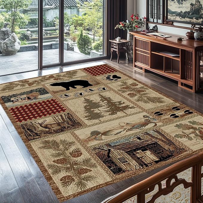 Cabin Moose Deer Rugs 3x5 Feet Rustic Bear Area Rug for Hallway Laundry Room Bathroom Non-Slip Lodge Bear Indoor Decorative Carpet