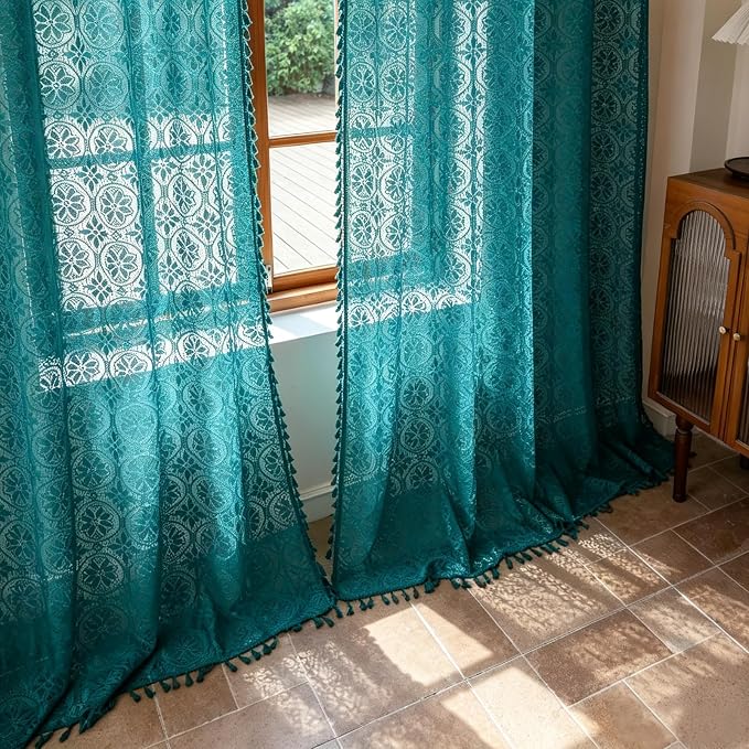 Sutuo Home Teal Sheer Lace Boho Curtains 84 inches Long 2 Panel for Bedroom | Victorian Privacy Cottagecore Vintage Tassels Light Filtering Floral Window Curtains Drape Christmas Decor Rod Pocket,50" W