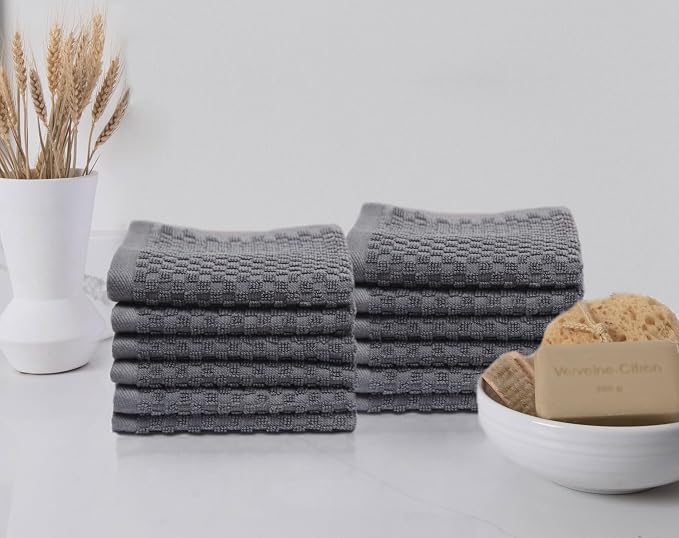 COTTON CRAFT Euro Spa Waffle Wash Cloth - Set of 12 Grey Washcloth | Luxury Face Towel Set - 100% Cotton - Soft Plush Absorbent Low Lint Quick Dry - Gym Shower Beach Bath Kitchen - 12x12 inches