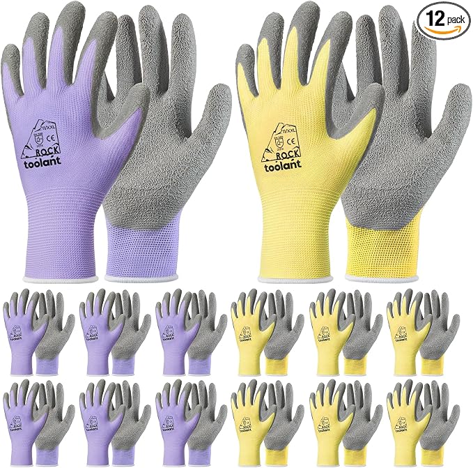 toolant Crinkle Latex Work Gloves Bulk, Rubber Coated Safety Work Gloves for Men and Women, 12 Pairs for Construction, Gardening, Warehouse (Purple & Yellow, XX-Large)