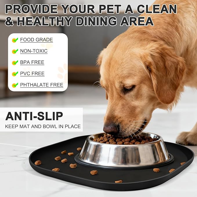 SMILOOL Waterproof Silicone Pet Food Mat with Raised Edge for Dog & Cat | 12" x 12" Non-Slip Small Pet Feeding Mats with Lip for Food & Water Bowl, Food Grade, Easy Cleaning, Black
