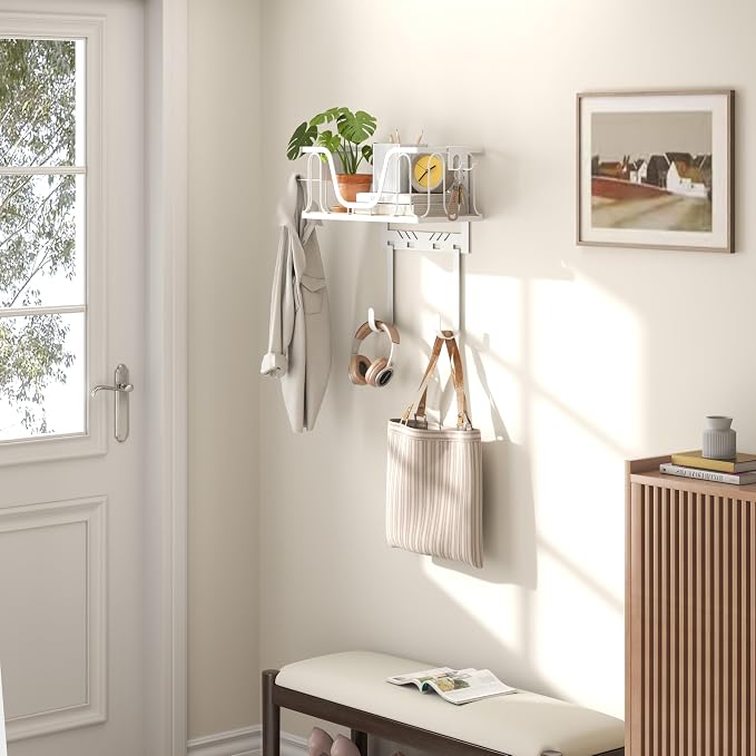 Ironing Board Hanger, CUFURNIX Wall Mount or Over the Door Iron Holder, Adjustable for Door Thickness, Fits T and Y Shaped Legs, High-Sided Basket & Side Hooks for Laundry, Sewing Room, White