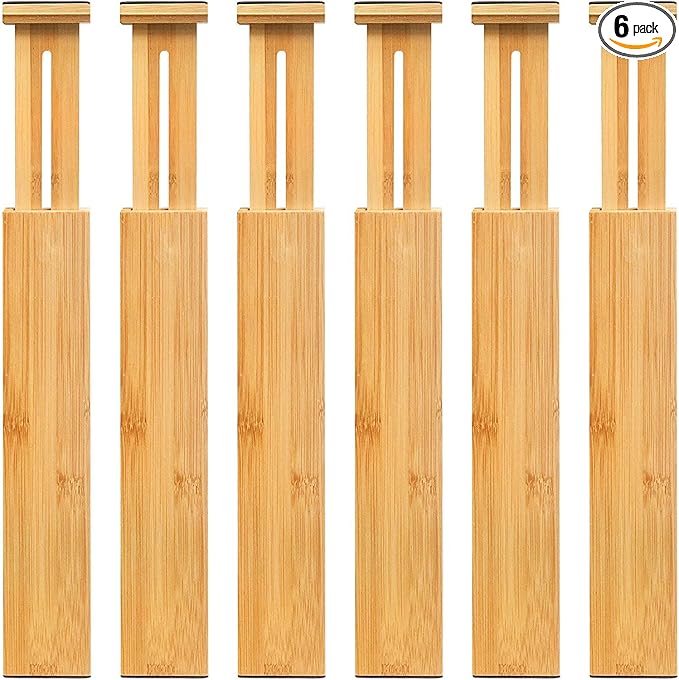 VaeFae 6-Pack Adjustable Bamboo Drawer Dividers, Expandable Drawer Organizer for Kitchen Utensils, Clothes, Bathroom, Office – Fits Drawer Interiors 16.6" to 21.8"