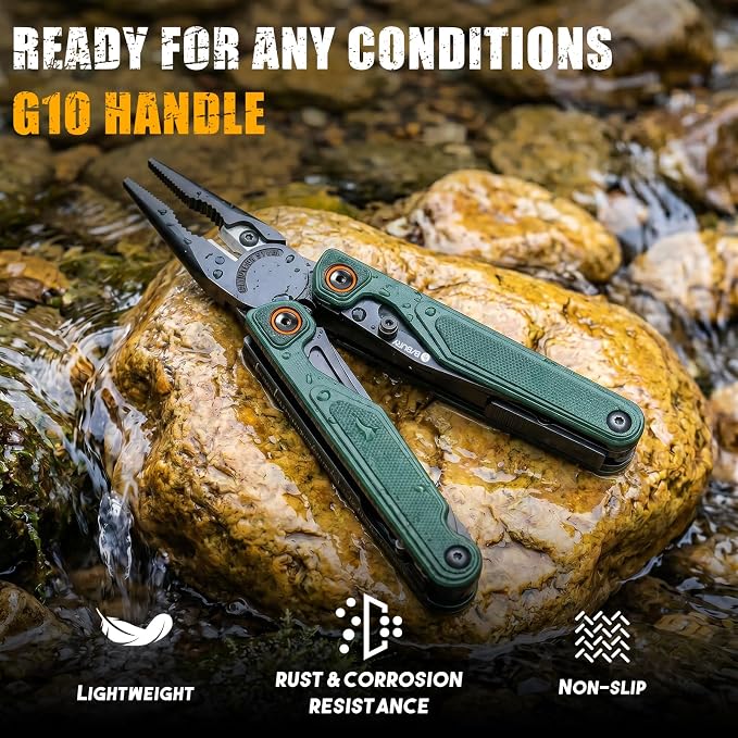 BIBURY Lightweight G10 Handle Multitool Pliers, 25-in-1 EDC Multi Tool with Replaceable Wire Cutters, Scissors, One-Hand Opening Pocket Knife Survival Tools for Camping, Repair,Survival -BI2048G