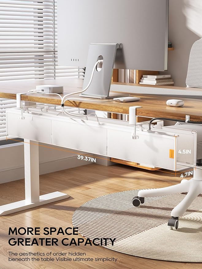 39" No Drill Under Desk Cable Management Tray (White) | Fire-Resistant Thickened Nylon Material, Clip-on Cord Organizer to Hide Power Strip, Heat Dissipation Mesh Design, for Office