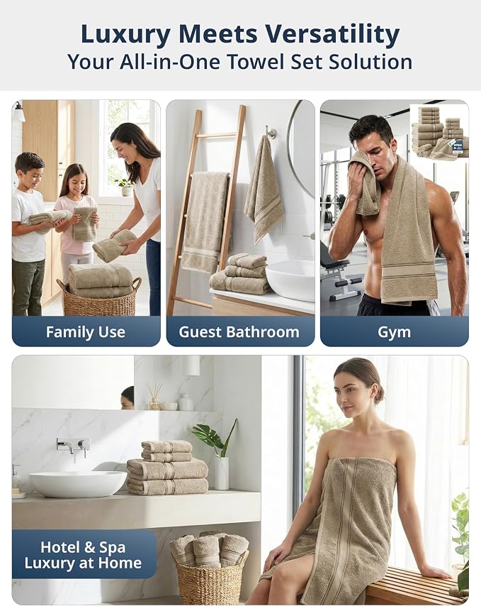 LANE LINEN Bath Towel Set Absorbent Quick Dry 100% Cotton 12 Piece - Taupe | Towel Sets For College Dorm - OEKO-TEX Certified, Zero-Twist Durability, Zero-Twist Cotton, Terry Weave Comfort
