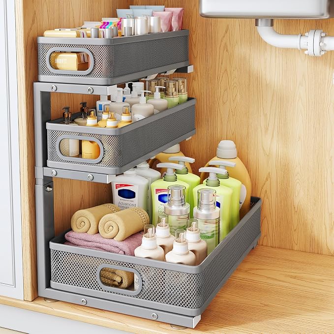 Under Sink Organizer, 1-Pack 3-Tier Thickened Metal Pull out Cabinet Organizer Shelf, Height Adjustable Slide out Storage Drawer Rack for Kitchen Bathroom Pantry Laundry Home Organization, Grey