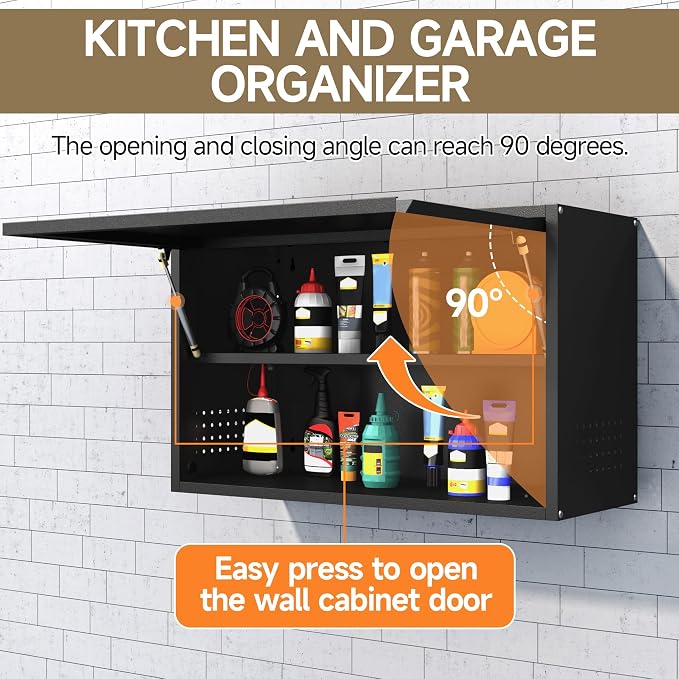 Coolsun Garage Wall Cabinet with Up-Flip Door, 19.7" H Metal Wall Cabinet | Wall Mounted Metal Storage Cabinet for Kitchen,Garage,Basement,Ware House Assembly Required (Black Gray 31.5" W)