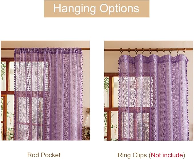 Sutuo Home Boho Curtains 2 Panels, Purple Lace Curtains for Kitchen Kid's Room Semi Sheer Crochet Vintage Country Rustic Tassels Bohemian Drape Privacy Window Treatments Rod Pocket, 50" x 63" Lavendar