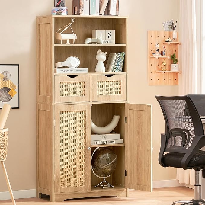 Iwell Tall Storage Cabinet, Rattan Cabinet with 2 Drawers & Adjustable Shelf, Kitchen Pantry Storage Cabient, Entryway Cabinet for Living Room, Dining Room, Home Office, Natural