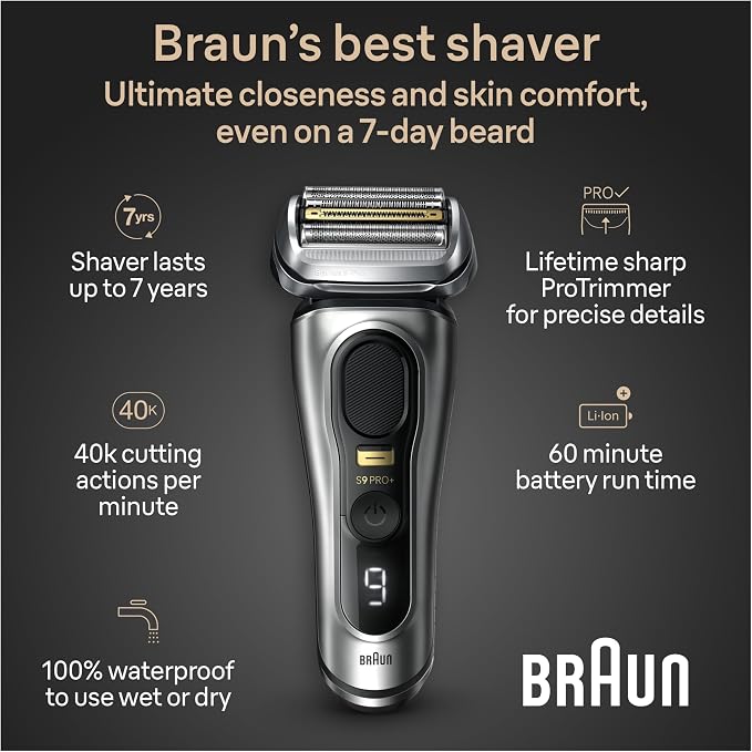 Braun Series 9 PRO+ Electric Razor for Men, 5 Pro Shave Elements & Precision Long Hair Trimmer, 6in1 SmartCare Center, Wet & Dry Electric Shaver for Smooth Skin with 60min Battery Runtime, 9517s